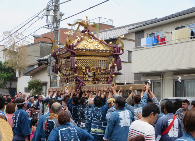 八剱八幡神社の大神輿を担ぐ担ぎ手たちの様子（御例祭・大神輿巡幸）