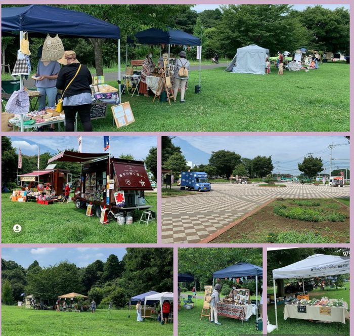 白井総合公園の芝生広場に並ぶテントとキッチンカー、来場者でにぎわうおしゃれ市場の様子