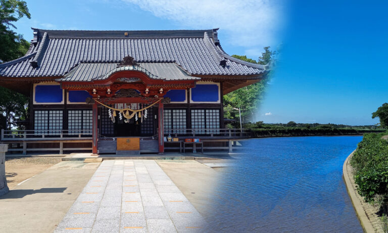白子神社の拝殿と水辺の緑が広がる夏の境内全景