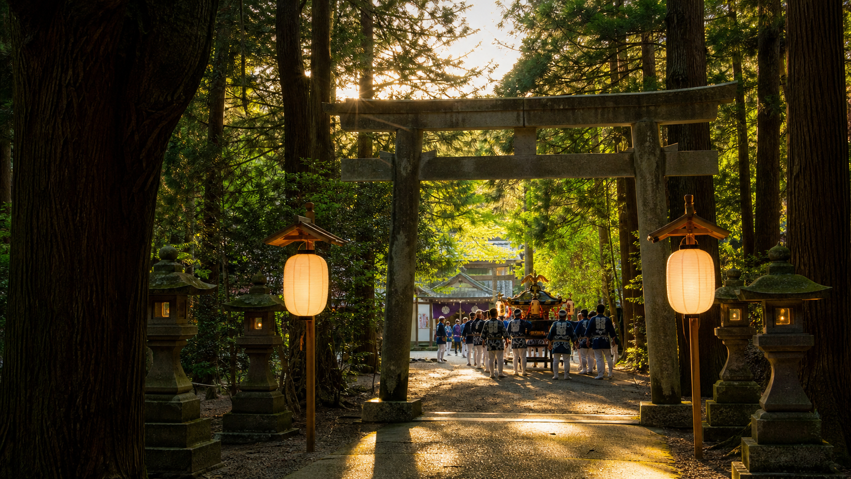 安房神社の杜で神輿が進む夏祭りのイメージ