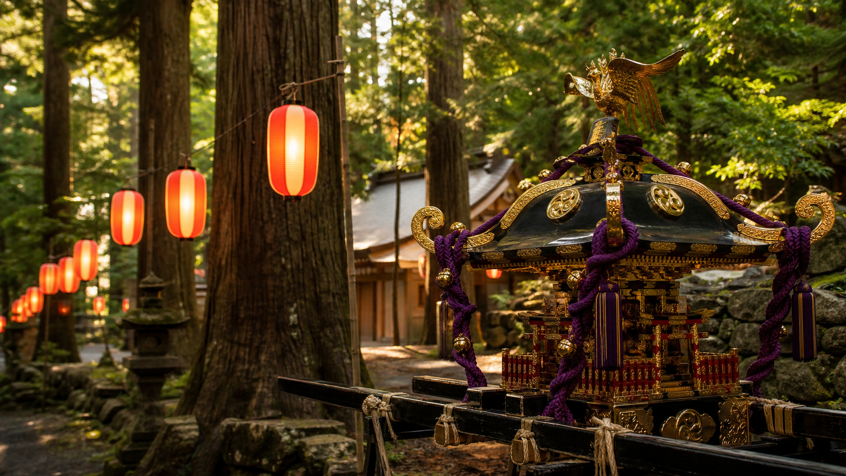 安房神社の参道に神輿と提灯が置かれた祭礼のイメージ