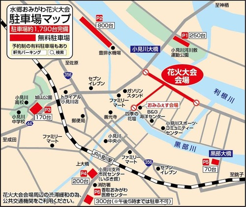 水郷おみがわ花火大会の駐車場マップ。小見川大橋周辺にP1〜P6の無料駐車場が示されている