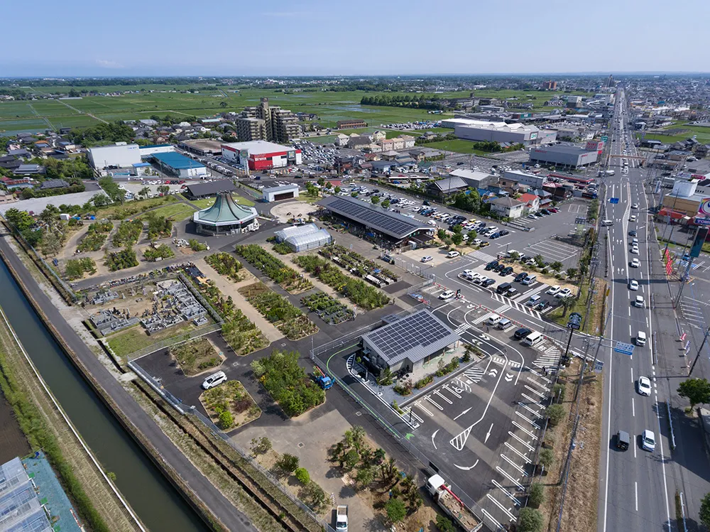 道の駅みのりの郷東金の外観。木を多く使った低層の建物と広い駐車場
