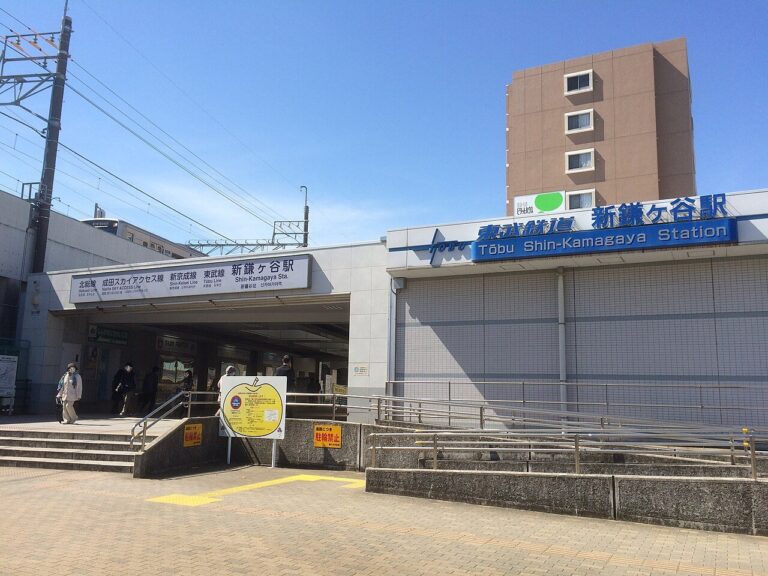 新鎌ヶ谷駅東口の駅舎外観。青い駅名看板に「東武鉄道 新鎌ケ谷駅 Tōbu Shin-Kamagaya Station」、隣の白い庇に北総線・成田スカイアクセス線・新京成線・東武線と新鎌ヶ谷駅の表示。手前は石段とスロープ、右奥にマンションが建ち青空が広がる