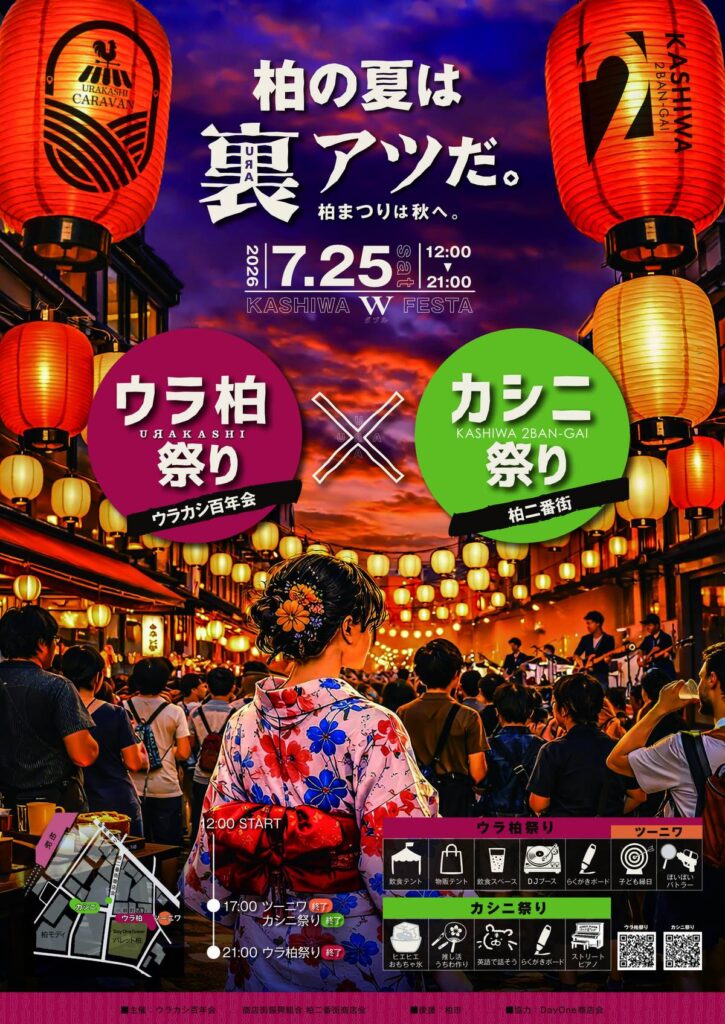 赤い提灯が連なる夕暮れの通りを、浴衣姿の女性が後ろ姿で歩くポスター。「柏の夏は裏アツだ。柏まつりは秋へ。」の文字と、2026年7月25日（土）12:00〜21:00、ウラ柏祭り×カシニ祭り（KASHIWA W FESTA）の表記がある
