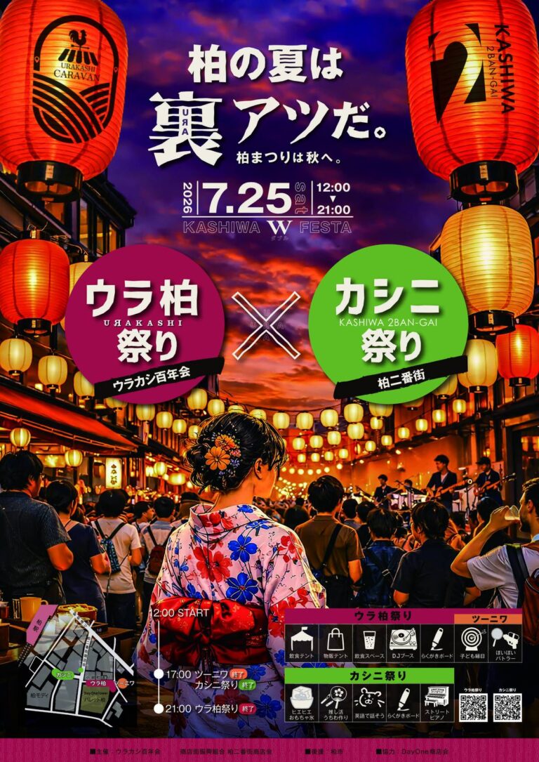 赤い提灯が連なる夕暮れの通りを、浴衣姿の女性が後ろ姿で歩くポスター。「柏の夏は裏アツだ。柏まつりは秋へ。」の文字と、2026年7月25日（土）12:00〜21:00、ウラ柏祭り×カシニ祭り（KASHIWA W FESTA）の表記がある