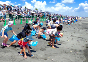 一宮海水浴場の砂浜で、青い袋を持った大勢の子どもたちが一斉にはまぐりを拾う南九十九里はまぐり祭りの様子