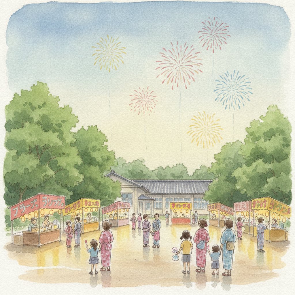 夜空に上がる小さな花火と屋台の灯りのイメージ