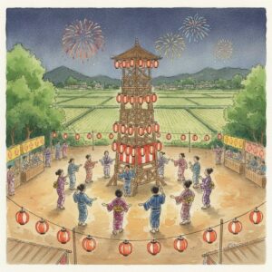 神社の境内でやぐらを囲んで盆踊りを踊り小さな花火が上がる夏の夜のイメージ