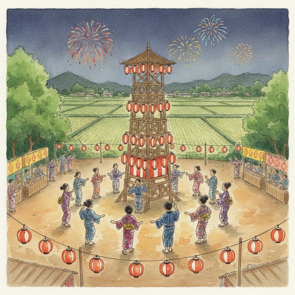 神社の境内でやぐらを囲んで盆踊りを踊り小さな花火が上がる夏の夜のイメージ