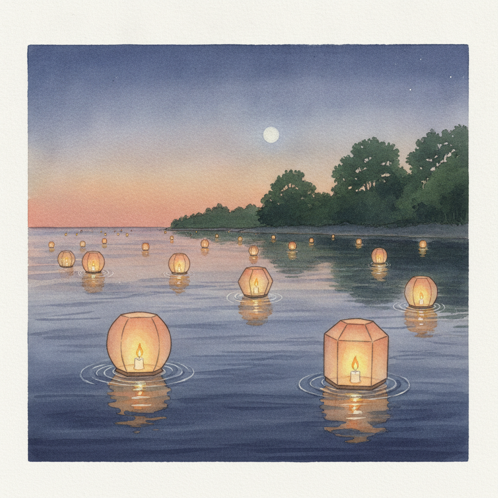 夜の海に流された無数の灯籠がゆらめくイメージ