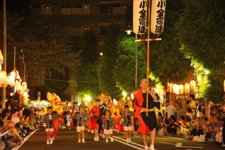 小金宿まつりの阿波踊り。高張提灯を先頭に子どもの踊り手が北小金駅前を進む夜の光景