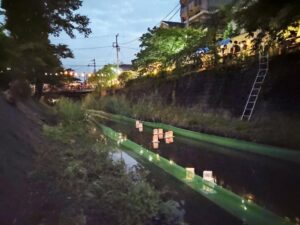 仮設桟橋から坂川に流された灯籠と対岸の提灯