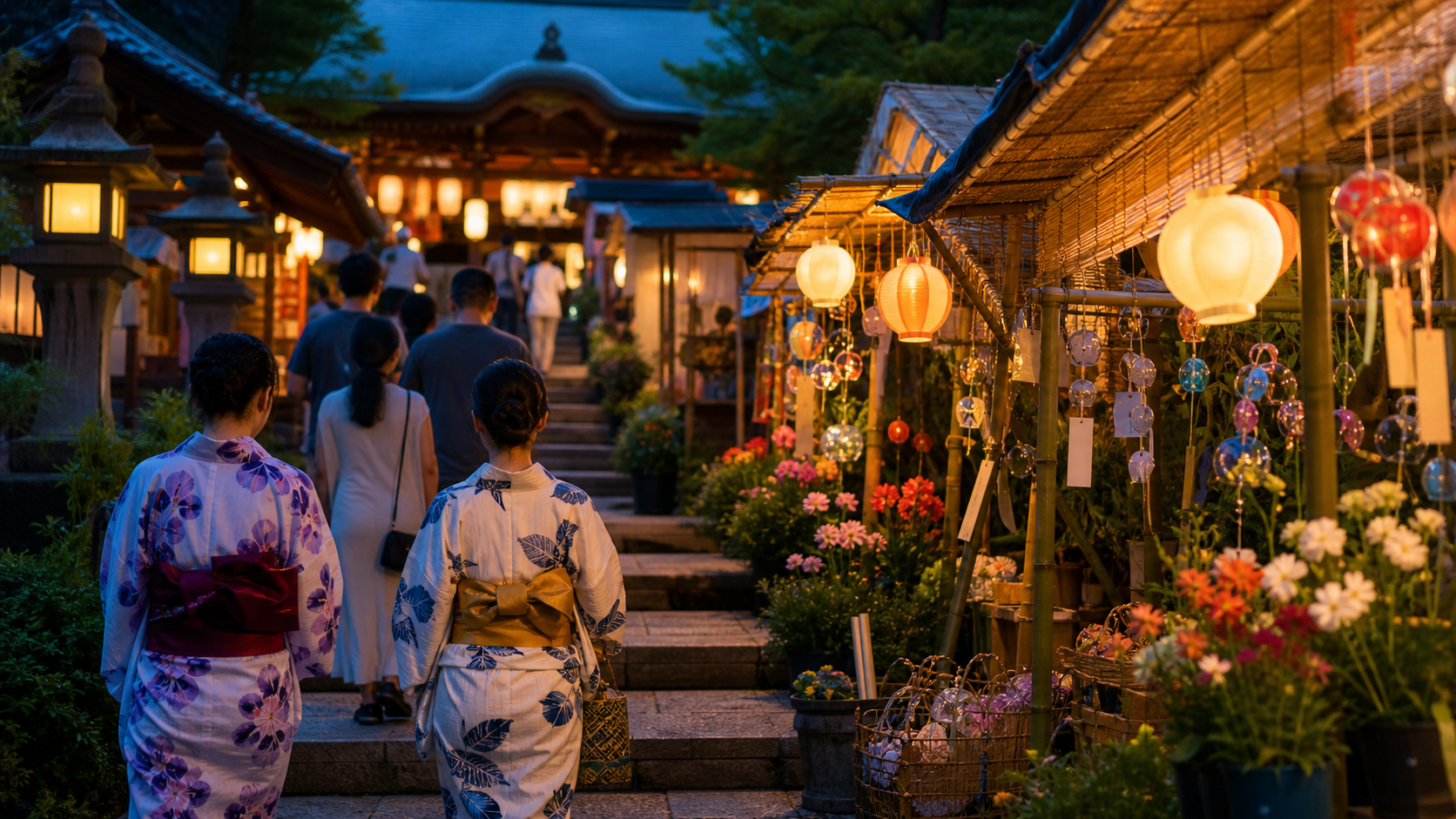 寺の参道に露店と提灯が並ぶ夏の縁日のイメージ
