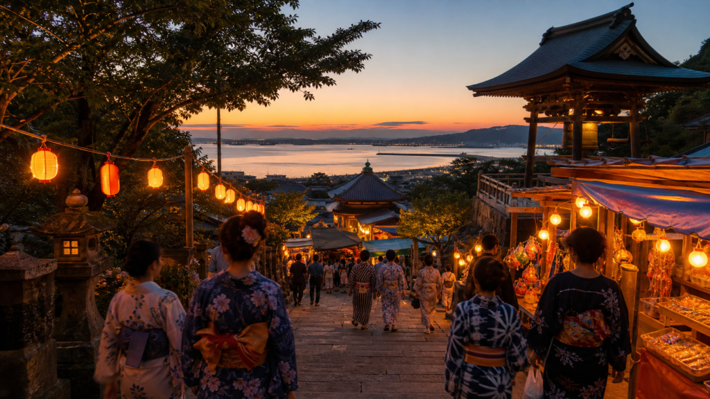那古寺の高台から館山湾を望む夏の縁日のイメージ