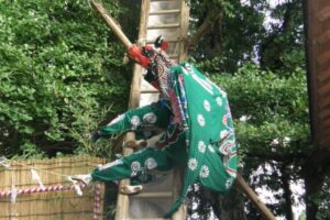 中台大宮神社の梯子獅子。御神木にかけた梯子に取りついて舞う二人立ちの獅子