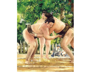 緑を背に2人の力士が取組を行う相撲のイラスト
