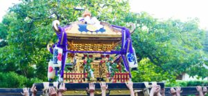 森戸の祭りで大勢の担ぎ手が金色の神輿を高く持ち上げる輿上げの様子