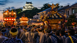 館山の城下町で神輿と山車が集まる夏祭りのイメージ