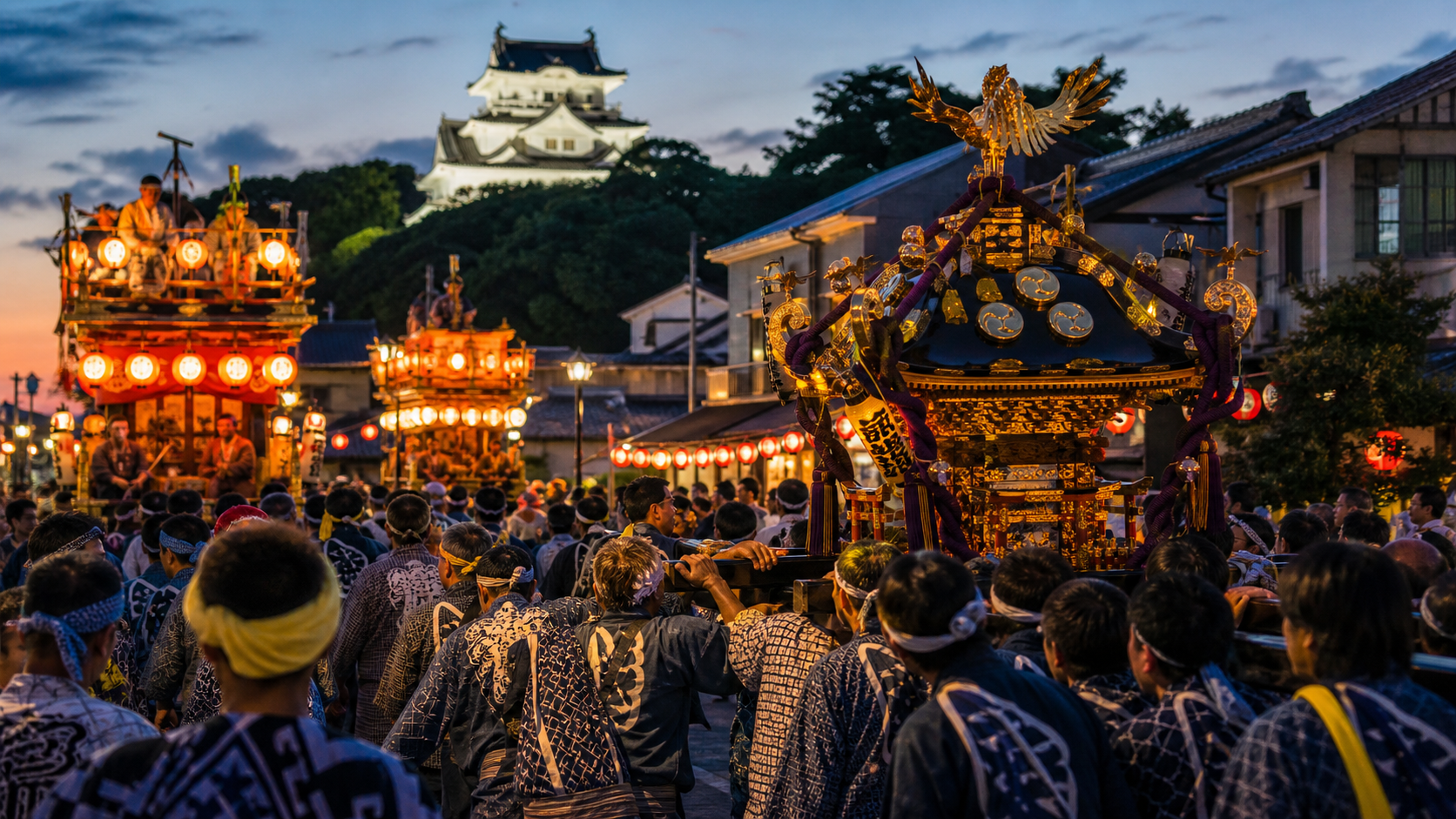 館山の城下町で神輿と山車が集まる夏祭りのイメージ