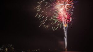 内浦の海に上がる連夜の花火と街明かり