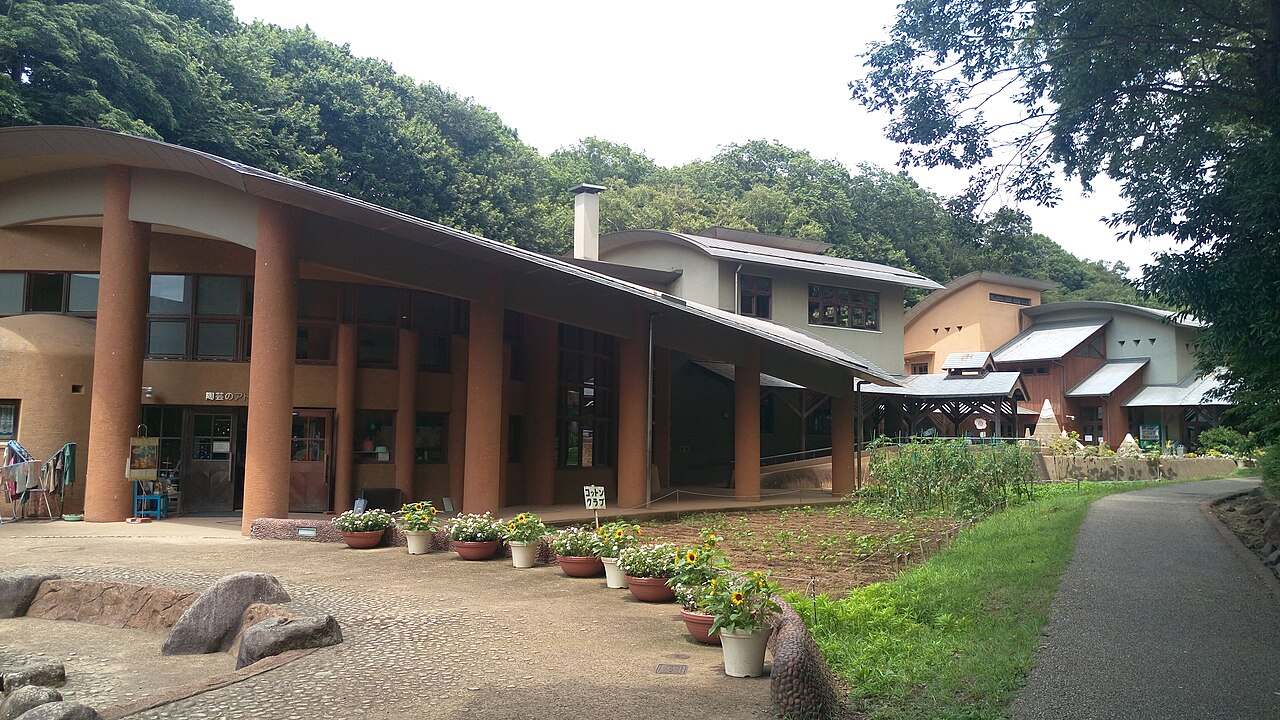 子ども美術館ゾーンの低層の建物群。手前は太い円柱が並ぶ回廊で「陶芸のアトリエ」の看板が掛かり、奥に曲面屋根の建物が続く。前庭にヒマワリなどの鉢植えが並び、背後は雑木林