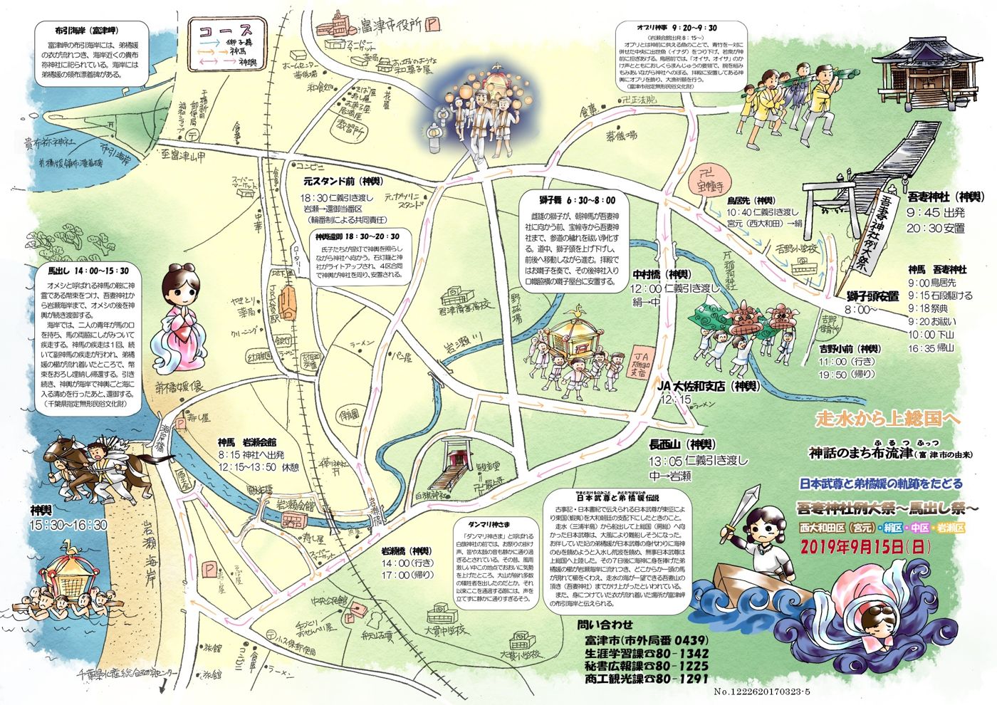 吾妻神社例大祭・馬出し祭のコースマップ。吾妻神社から岩瀬海岸までの神馬・神輿・獅子舞の経路と、各地点の通過時刻や仁義引き渡しの場所が手描きで示されている