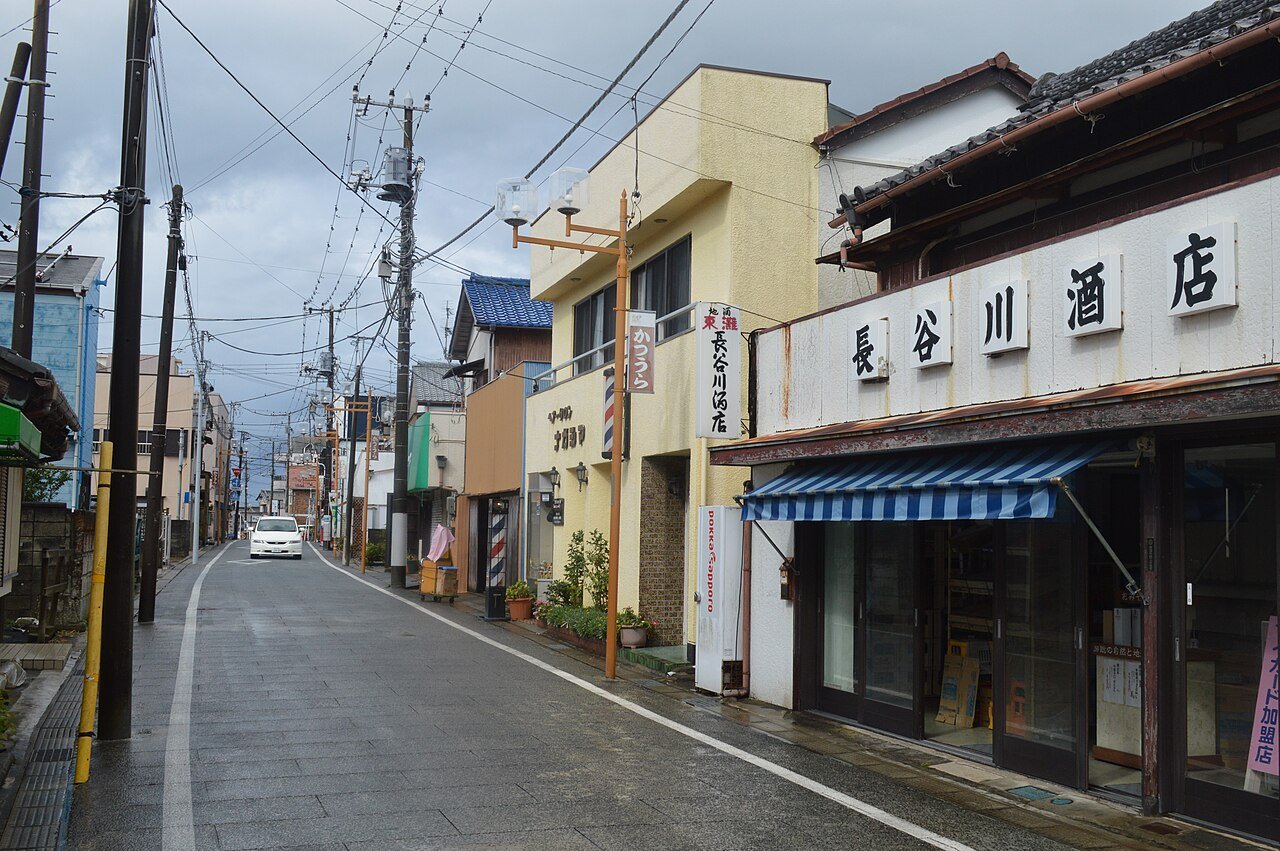 勝浦市仲本町の商店街の通り。右手に「長谷川酒店」の白い看板を掲げた瓦屋根の建物と青と白のストライプの日よけ、その隣に「かつうら」ののぼりと理容店のサインポール。左は歩道と電柱が続き、奥に一台の白い乗用車が停まっている。曇り空で人通りはない