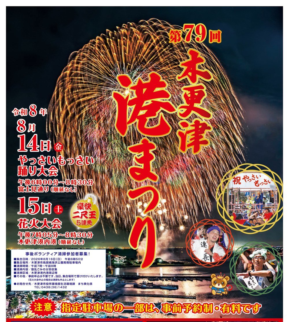 第79回木更津港まつりの公式ポスター。大輪の花火写真を背景に「木更津港まつり」の赤い題字、左に令和8年8月14日（金）やっさいもっさい踊り大会 午後6時00分〜8時30分 富士見通り（順延なし）、15日（土）花火大会 午後7時05分〜8時30分 木更津港内港（順延なし）の日程、中央下に「豪快 二尺玉 5連発」の丸囲み、下部に「注意 指定駐車場の一部は、事前予約制・有料です」の一行