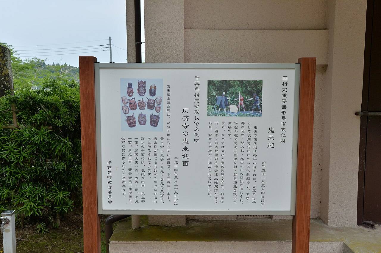 屋外に立つ白い解説板。木の枠に支えられ、右から「国指定重要無形民俗文化財 鬼来迎」「千葉県指定有形民俗文化財 広済寺の鬼来迎面」の見出しと縦書きの解説が並ぶ。中央には竹林を背に演者3人が野外で演じている写真、左には鬼や閻魔の面が9点並んだ写真が印刷されている