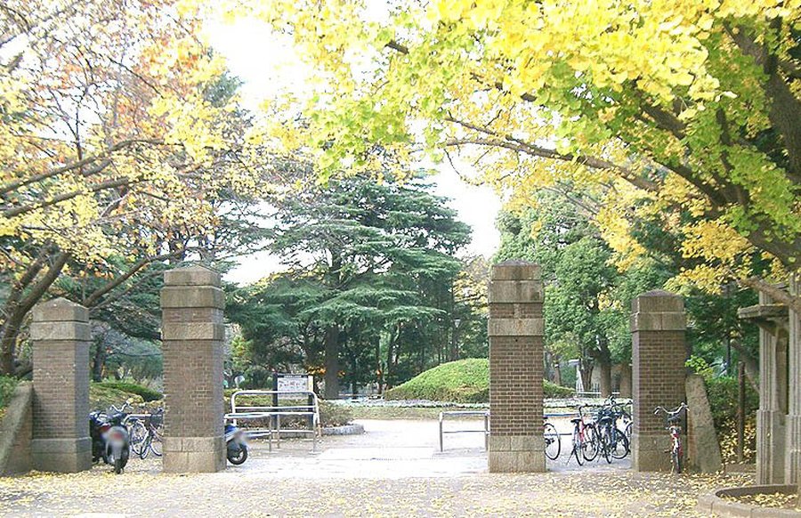 黄葉したイチョウの下に立つ4本のレンガ造りの角柱。柱は上部に石の笠が載り、間を人が通れる幅で並んでいる。門の向こうには公園の広場と園内の案内板、常緑樹の大木が見え、地面には黄色い落ち葉が散り、柱の脇に自転車とバイクが停められている