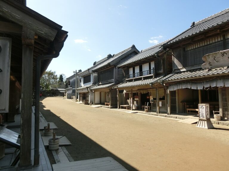 房総のむらの商家の町並み。土の道の両側に瓦屋根と蔵造りの町家が並び、右手の店先に「めし屋」と書かれた白い看板と暖簾が下がる。左手前は建物の軒と桶が置かれた土間