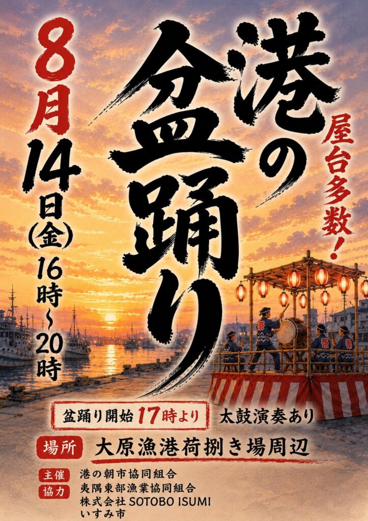 港の夕市・港の盆踊りの公式ポスター。夕焼けの大原漁港に漁船が並ぶ水彩画を背景に、筆文字で大きく「港の盆踊り」。左に「8月14日（金）16時〜20時」、右上に「屋台多数！」、右下には紅白幕を巻いた竹組みの櫓の上で法被姿の男性が太鼓を叩き、周囲に赤い提灯が下がる。下部に「盆踊り開始17時より」「太鼓演奏あり」「場所 大原漁港荷捌き場周辺」「主催 港の朝市協同組合」「協力 夷隅東部漁業協同組合／株式会社SOTOBO ISUMI／いすみ市」