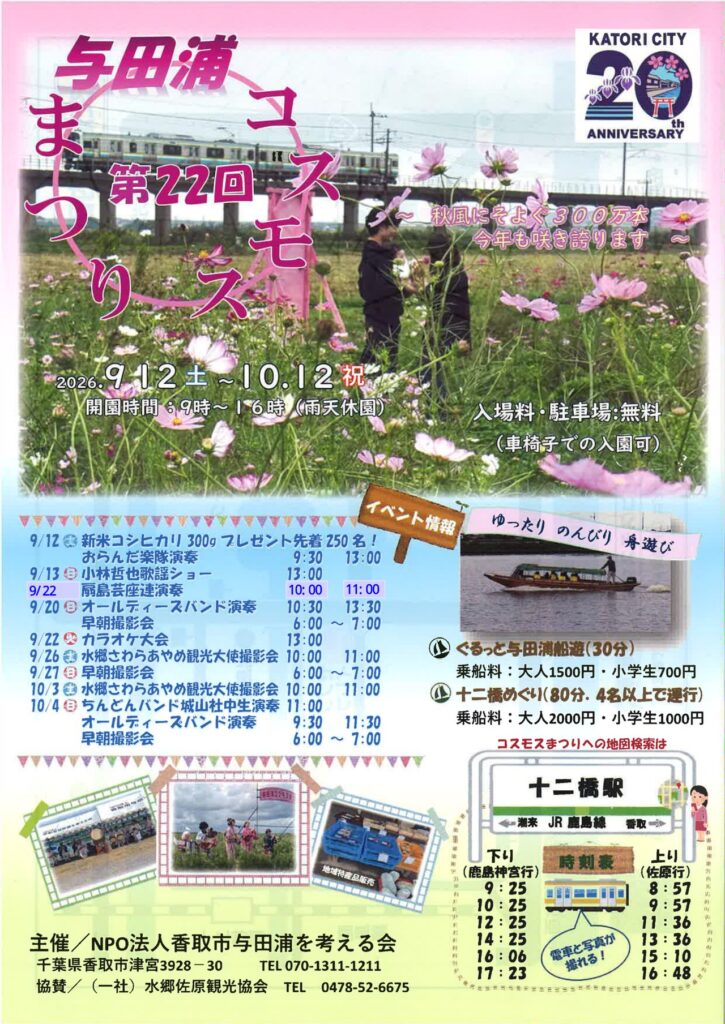 第22回与田浦コスモスまつりの公式チラシ。上半分はピンクのコスモス畑と、その奥の高架橋を走る2両編成の電車、花を摘む来場者2人。下半分にイベント日程表・舟遊びの料金・十二橋駅の時刻表が並ぶ