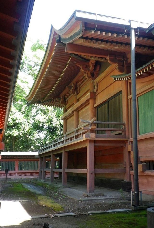 飯香岡八幡宮の本殿を横から見たところ。木肌をあらわにした古い社殿が高床に建ち、深い軒と組物が連なる