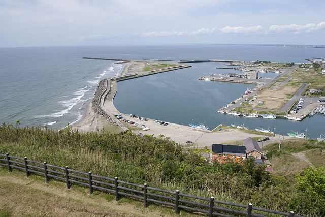 高台から見下ろした飯岡漁港と飯岡海岸の海岸線