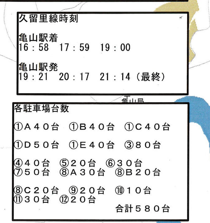 令和7年の花火大会の案内から抜き出した、久留里線の当日時刻と各駐車場の台数の一覧