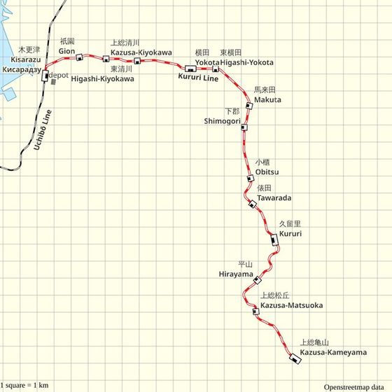 久留里線の路線図。木更津から上総亀山まで14駅が並び、木更津から6つ目に小櫃駅がある