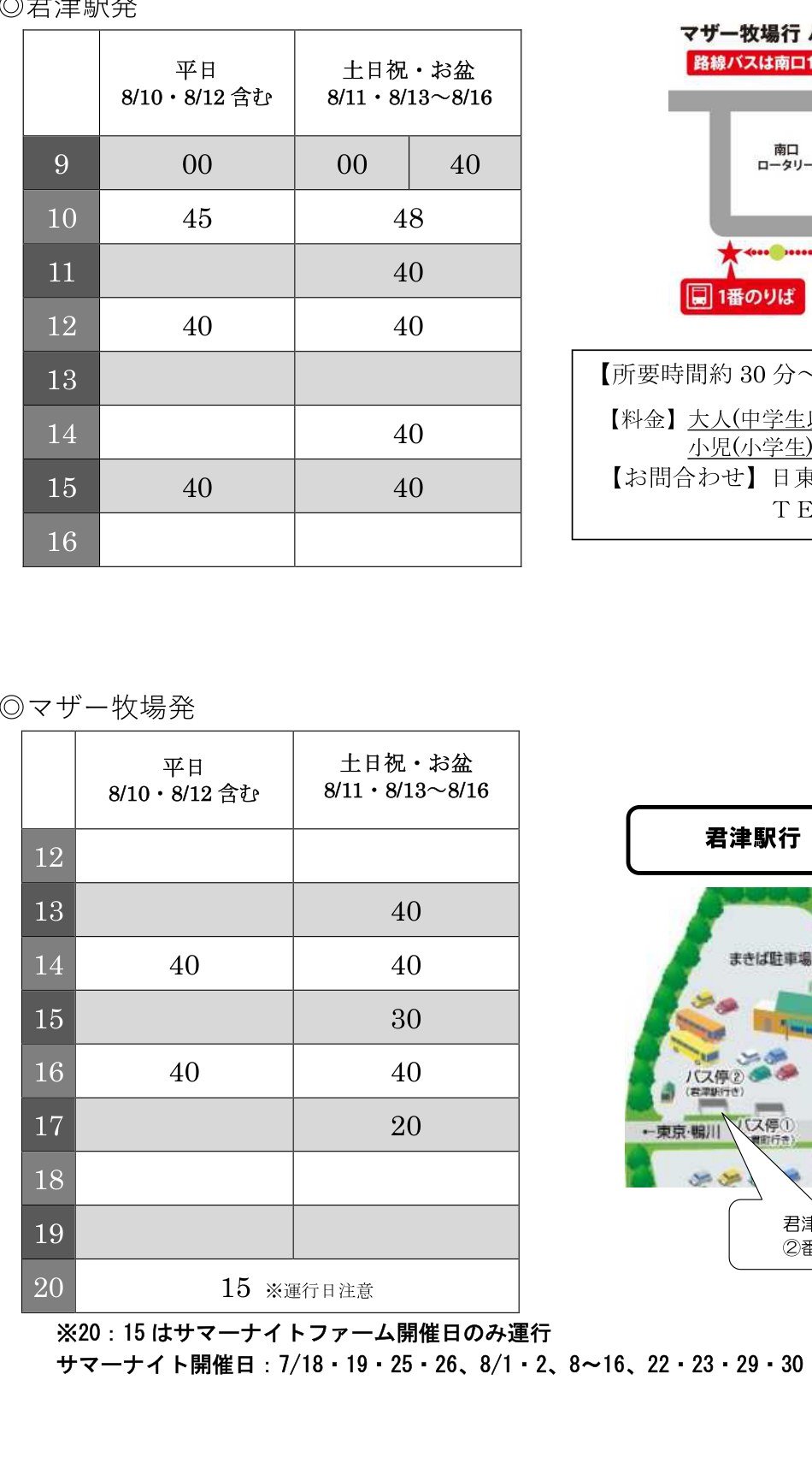 マザー牧場が公開している2026年の路線バス時刻表。君津駅発の表とマザー牧場発の表が縦に並び、マザー牧場発の欄には20時15分の便に「※運行日注意」と付記され、下に「20：15はサマーナイトファーム開催日のみ運行」「サマーナイト開催日：7/18・19・25・26、8/1・2、8〜16、22・23・29・30」と印刷されている