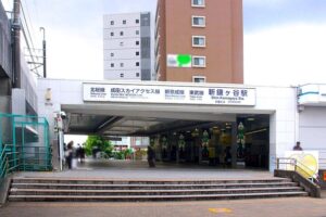 新鎌ヶ谷駅東口の駅舎と4路線が並んだ駅名標