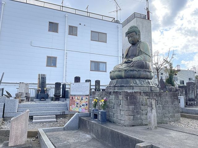鎌ケ谷大仏と手前に立つ文化財説明看板