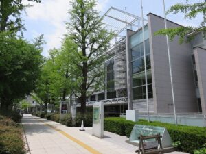 めぐろパーシモンホールの建物と入口前の並木道