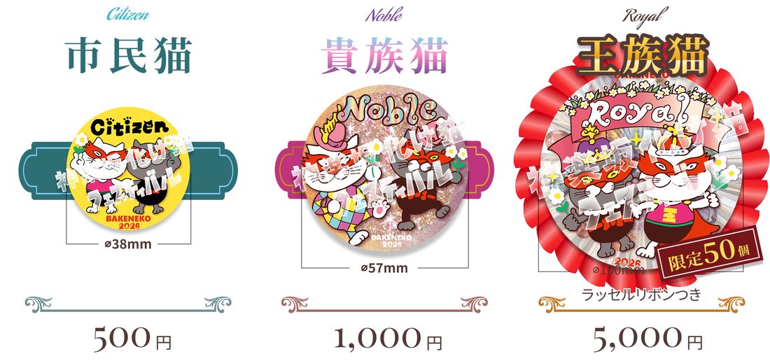 猫まち旅券バッジ3種。市民猫500円（直径38mm）、貴族猫1,000円（直径57mm）、王族猫5,000円（直径100mm、限定50個）
