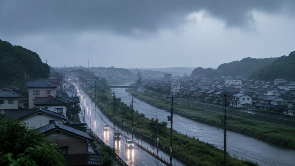 千葉県の大雨で雨に濡れた市街地と増水した川