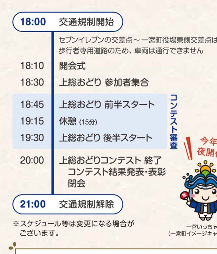 第48回上総国一宮まつりの進行表。18時交通規制開始、18時10分開会式、18時45分上総おどり前半、19時30分後半、20時コンテスト終了、21時交通規制解除