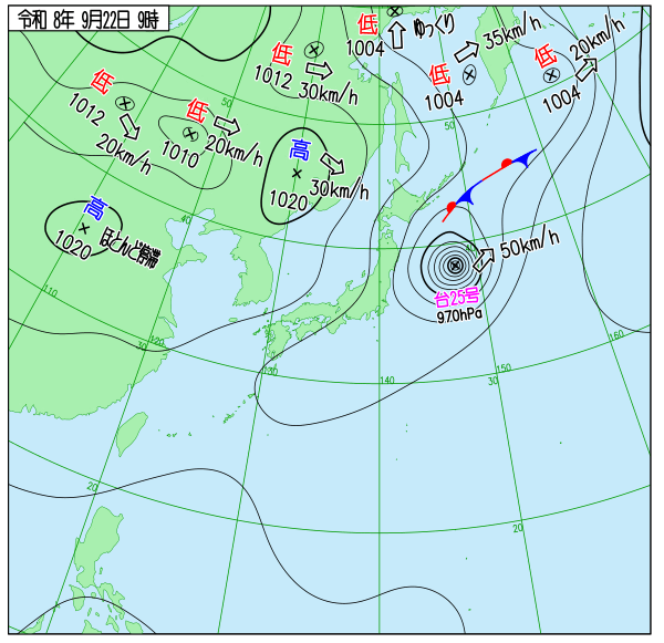 2026年9月22日9時の実況天気図。台風25号は日本の東に抜けている