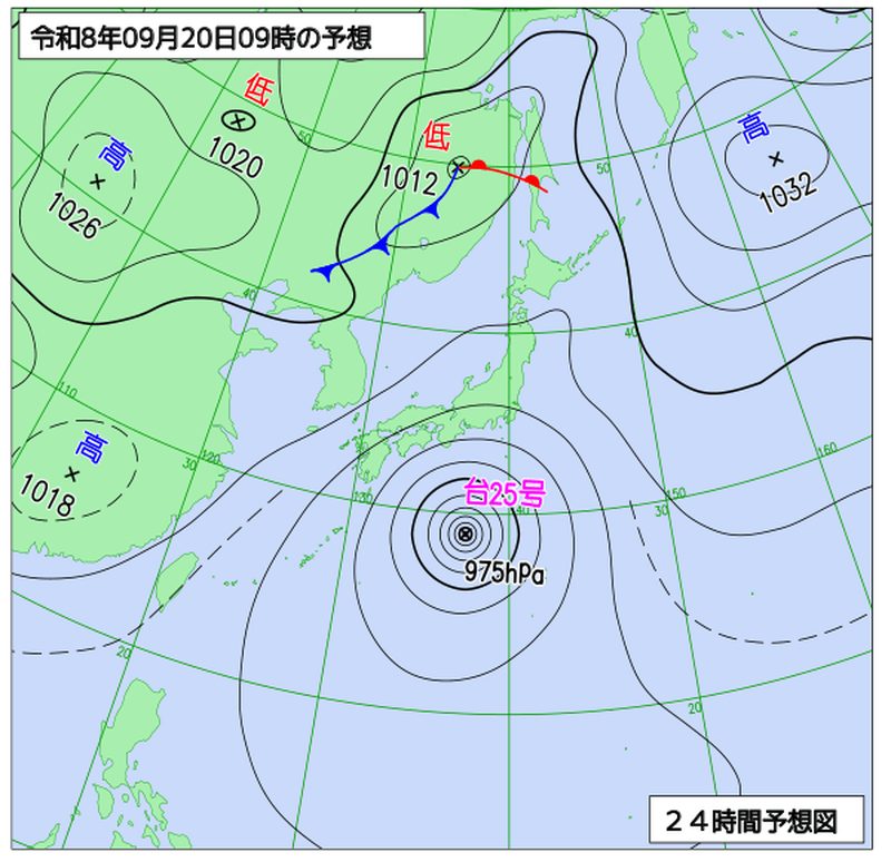 気象庁の24時間先予想天気図。日本の南に低気圧の等圧線が密集し、関東の南へ向かう進路が描かれている