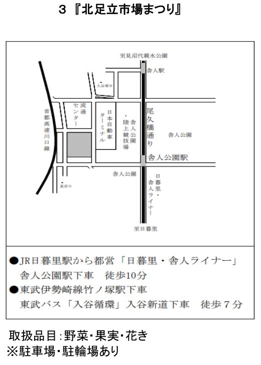 北足立市場まつりの会場案内図（舎人公園駅から徒歩10分）