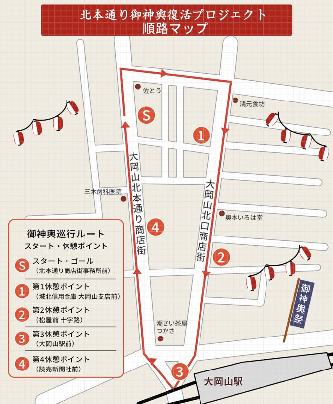 大岡山北本通り御神輿復活プロジェクトの巡行ルートと4か所の休憩ポイント