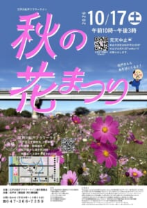 江戸川松戸フラワーライン「秋の花まつり」2026のチラシ表面。ピンクのコスモスが咲く河川敷と上葛飾橋の写真に、ピンクの大きな文字で「秋の花まつり」、2026年10月17日（土）午前10時〜午後3時、荒天中止と書かれている。右側に松戸市のキャラクター松戸さん、下に会場までの地図と主催・後援・出展協力団体の一覧がある